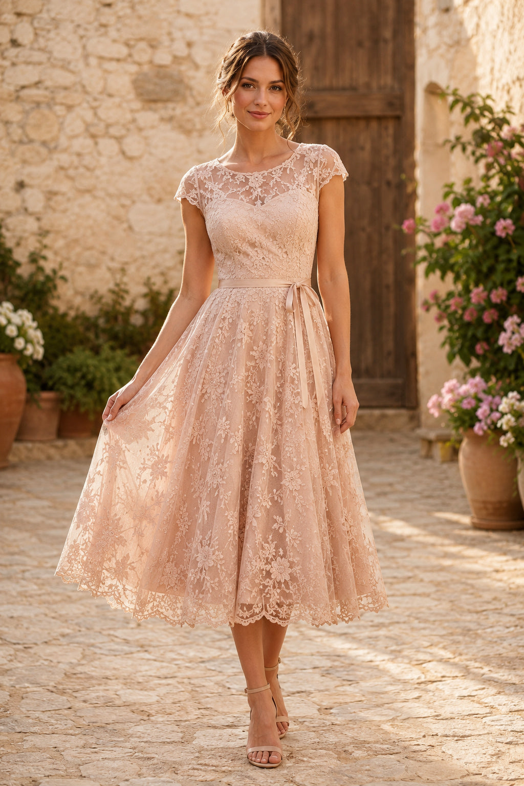 Blushing Pink Lace Cap Sleeve Tea-Length Wedding Dress with Full Skirt front view
