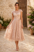 Blushing Pink Lace Cap Sleeve Tea-Length Wedding Dress with Full Skirt front view