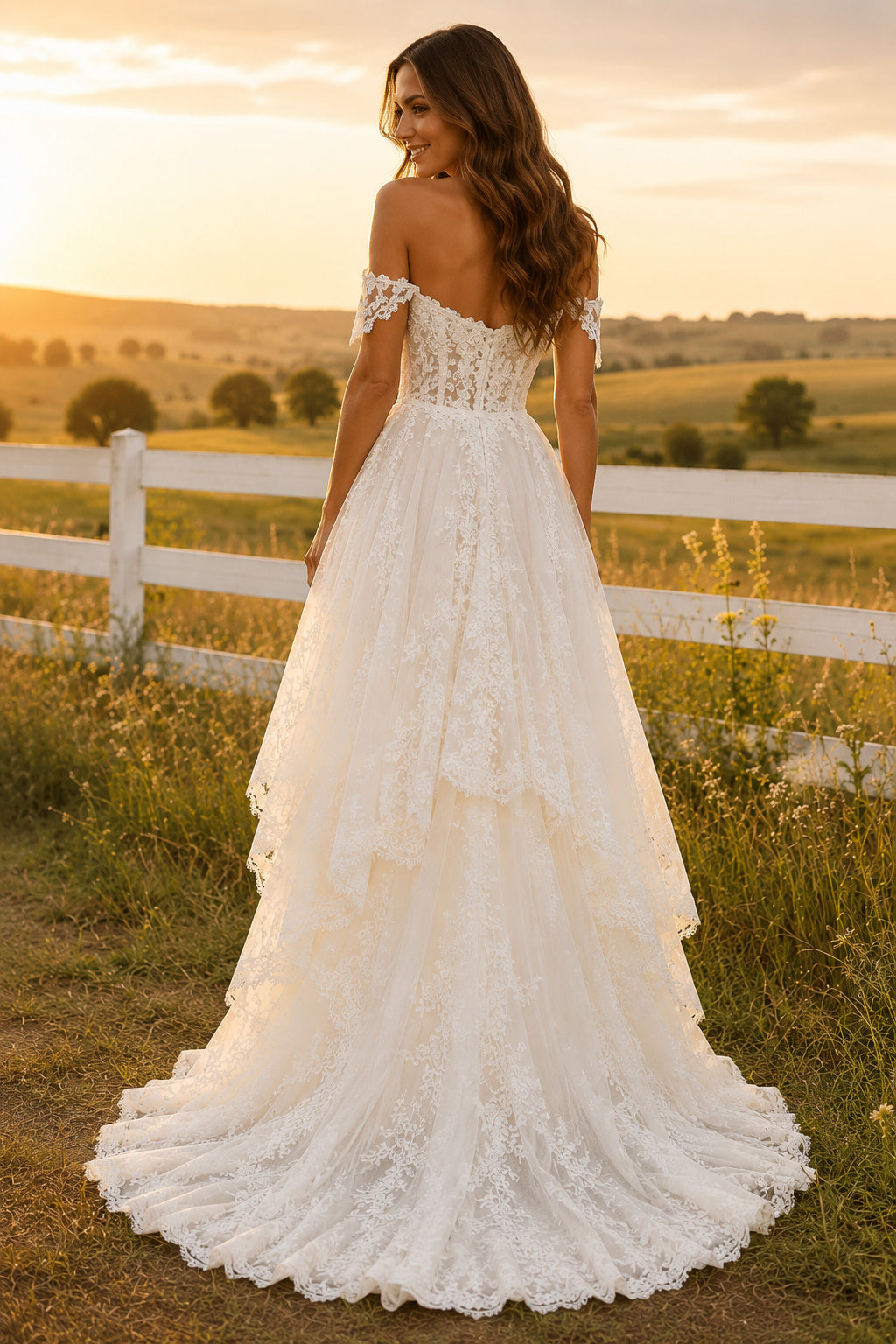 Off the Shoulder High Low A-Line Wedding Dress with Lace Bodice and Layered Train back view