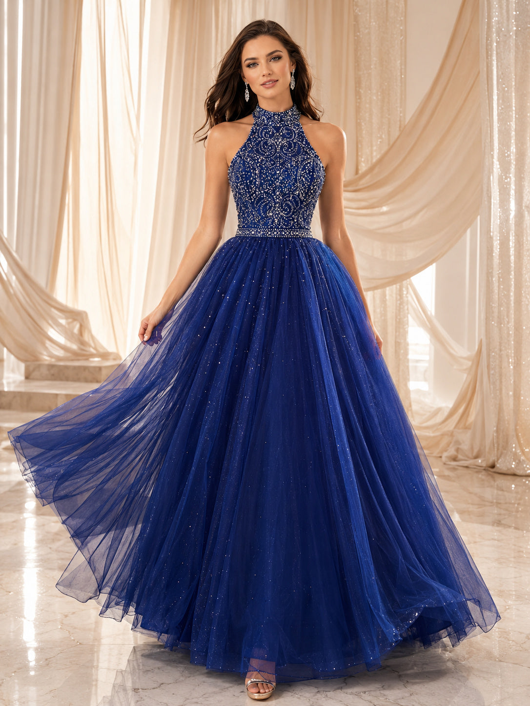 Royal Blue Luxury Halter High Neck Beaded Glitter Tulle Sweet Sixteen Formal Ball Gown front view