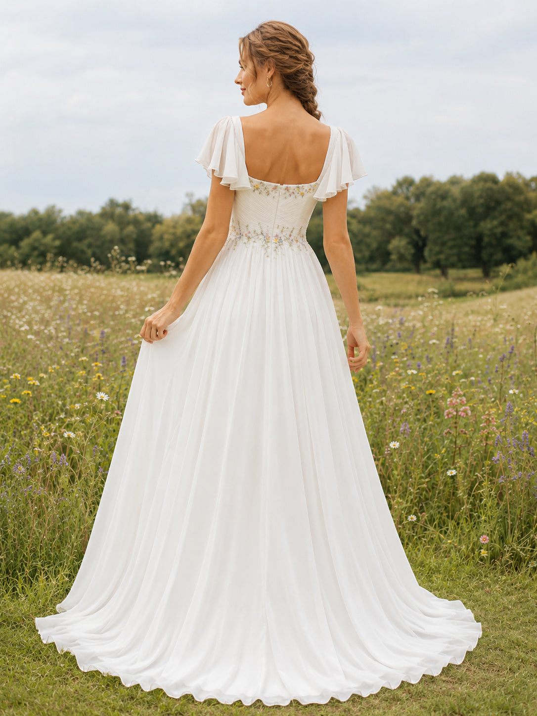 Chiffon Wedding Dress A-Line Sweetheart Flutter Sleeve Floor Length Low V Back Bridal Gown back view