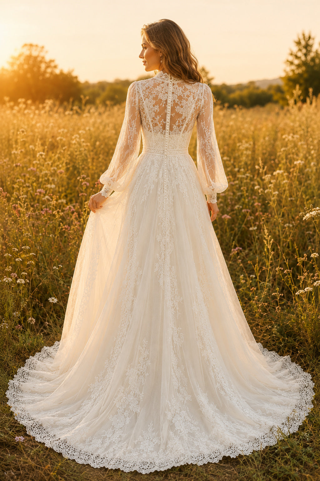Ivory High Neck Bishop Sleeve Lace A-Line Wedding Dress with Chapel Train back view
