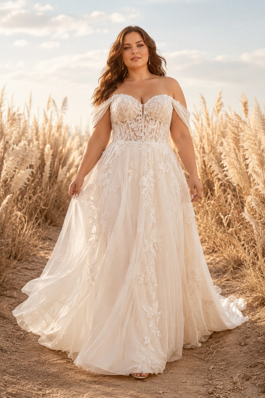 Plus Size Off-the-Shoulder Lace Bodice A-Line Wedding Dress with Tulle Skirt front view