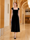 Black Square Neck Cap Sleeve Velvet Orchestra Midi Dress front view