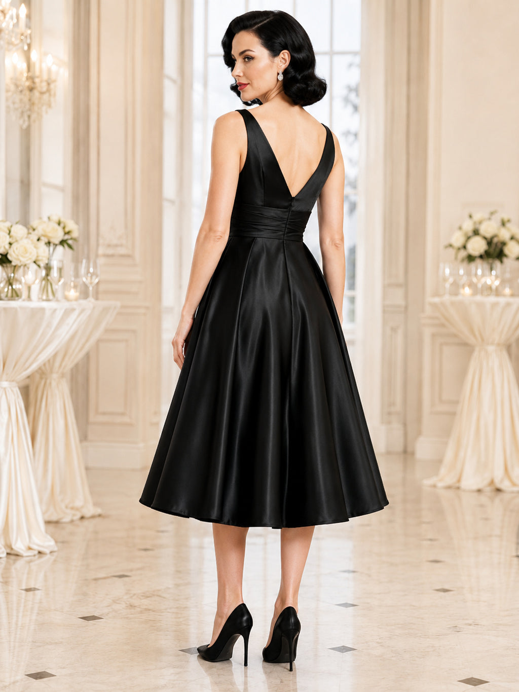 Black Vintage V-Neck Satin Tea-Length A-Line Reception Cocktail Dress back view