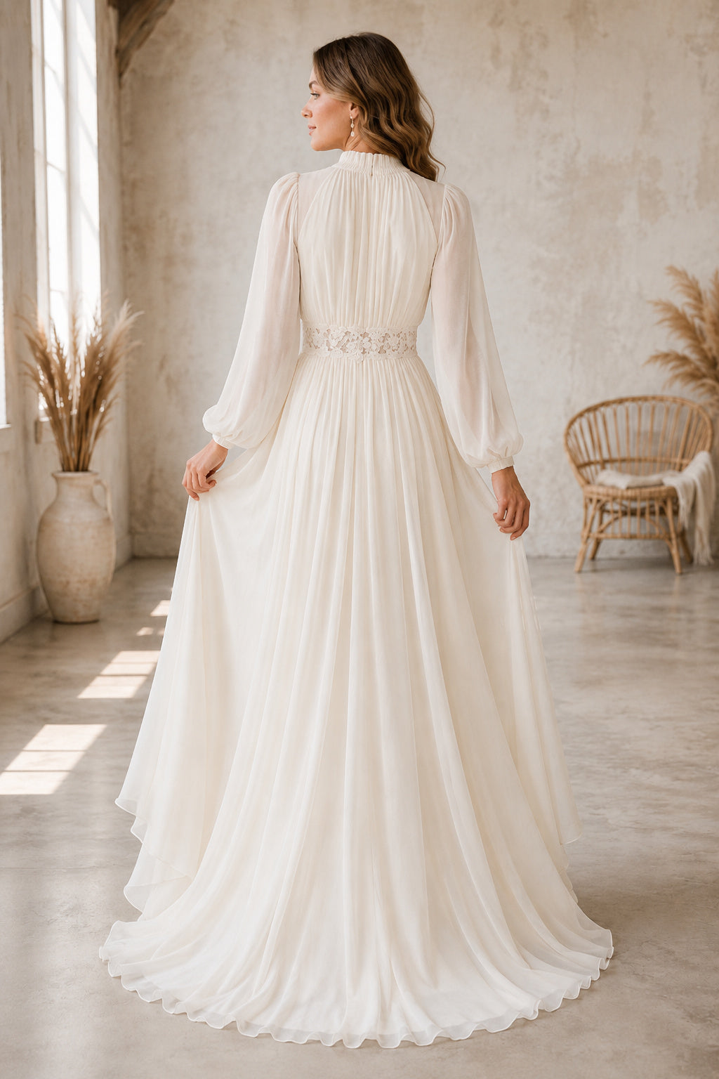 Ivory Simple High Neck A-Line Chiffon Wedding Dress with Long Poet Sleeves and Sweep Train back view