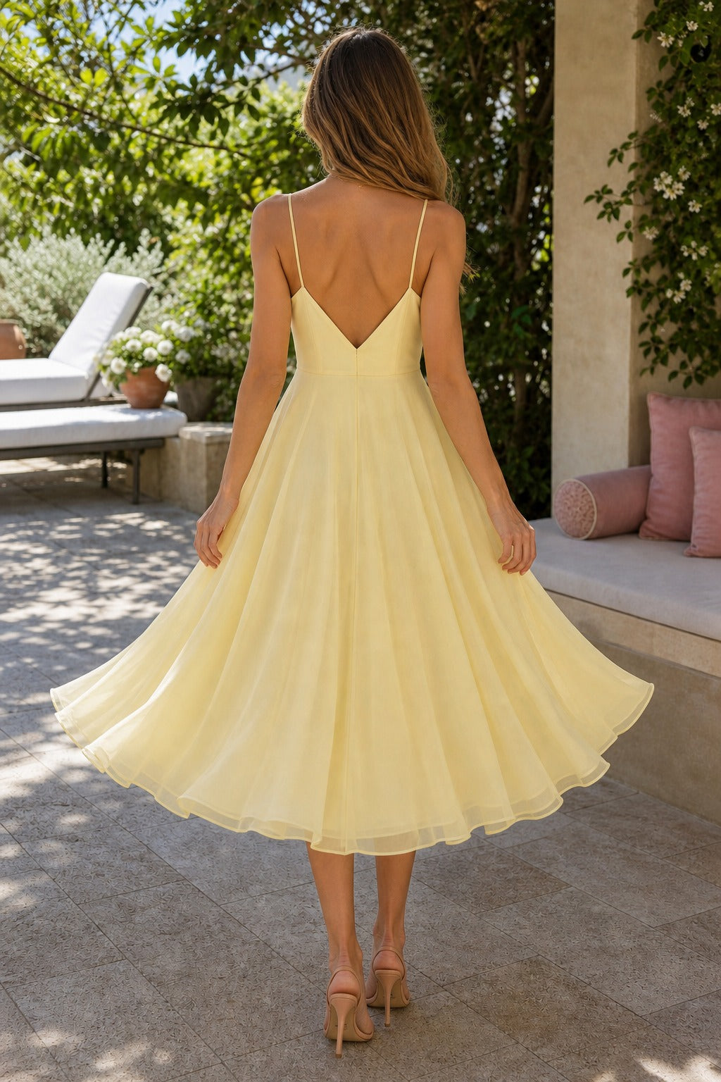 Yellow V-Neck Tea-Length Tulle A-Line Dress