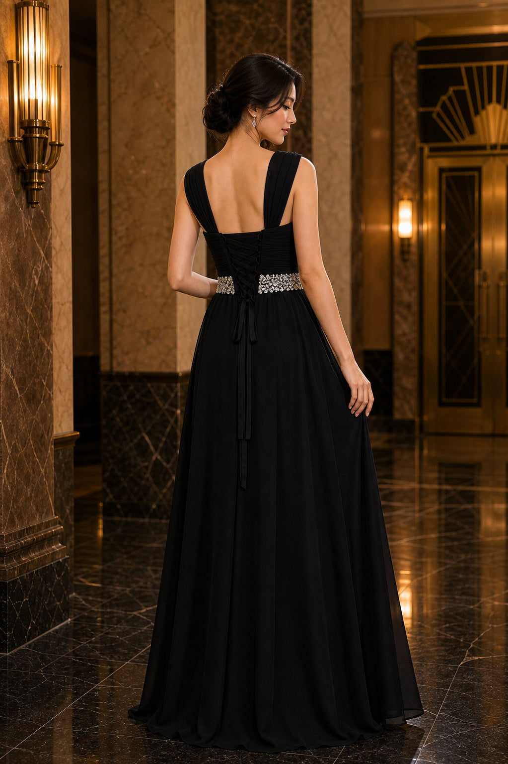 Black V-neck Sleeveless A-Line Chiffon Floor-Length Dress With Beaded Waist