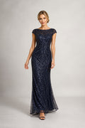 Dark Navy Cap Sleeve Sequin Sheath Mother Dress Ruched Waist for Mother and Formal Events front view