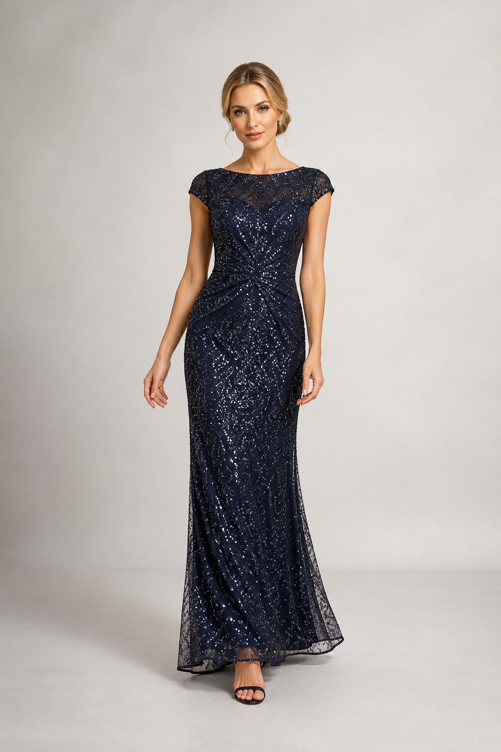 Dark Navy Cap Sleeve Sequin Sheath Mother Dress Ruched Waist for Mother and Formal Events front view