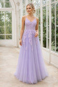 Lavender V-neck Spaghetti Strap A-Line Tulle Floor-Length Dress With Criss-Cross Back