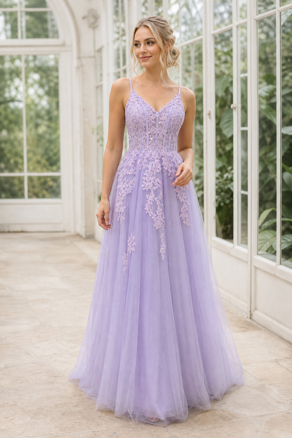Lavender V-neck Spaghetti Strap A-Line Tulle Floor-Length Dress With Criss-Cross Back