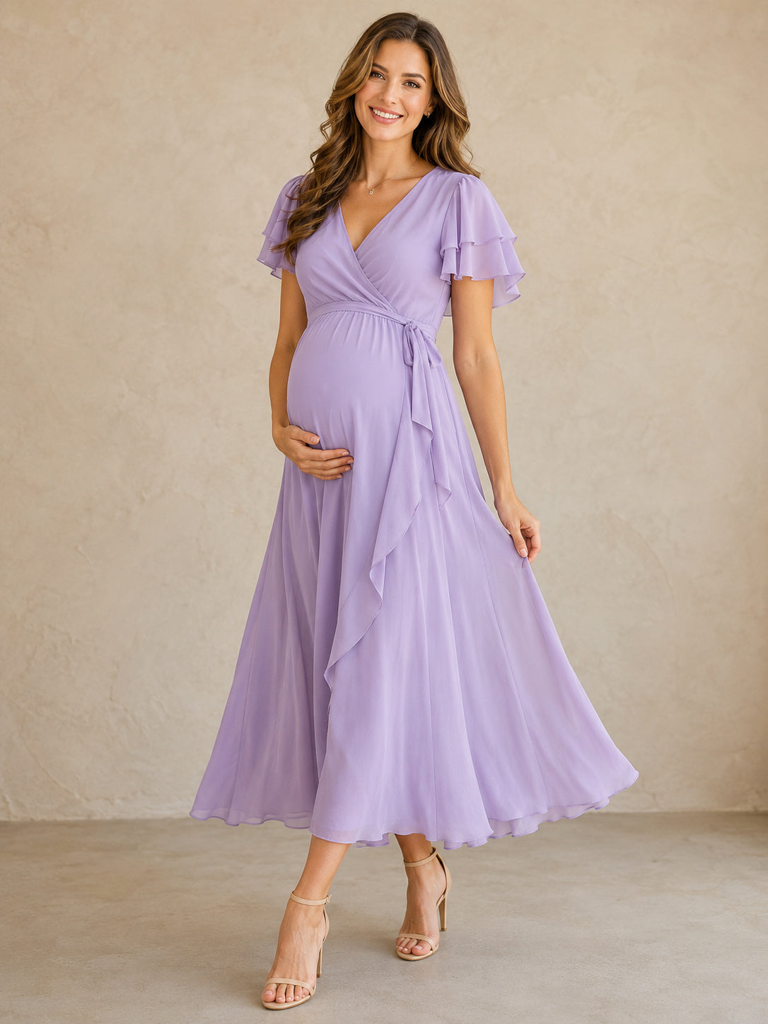 Lilac Maternity Wrap V-Neck Flutter Sleeve Asymmetrical Chiffon Tea Dress front view