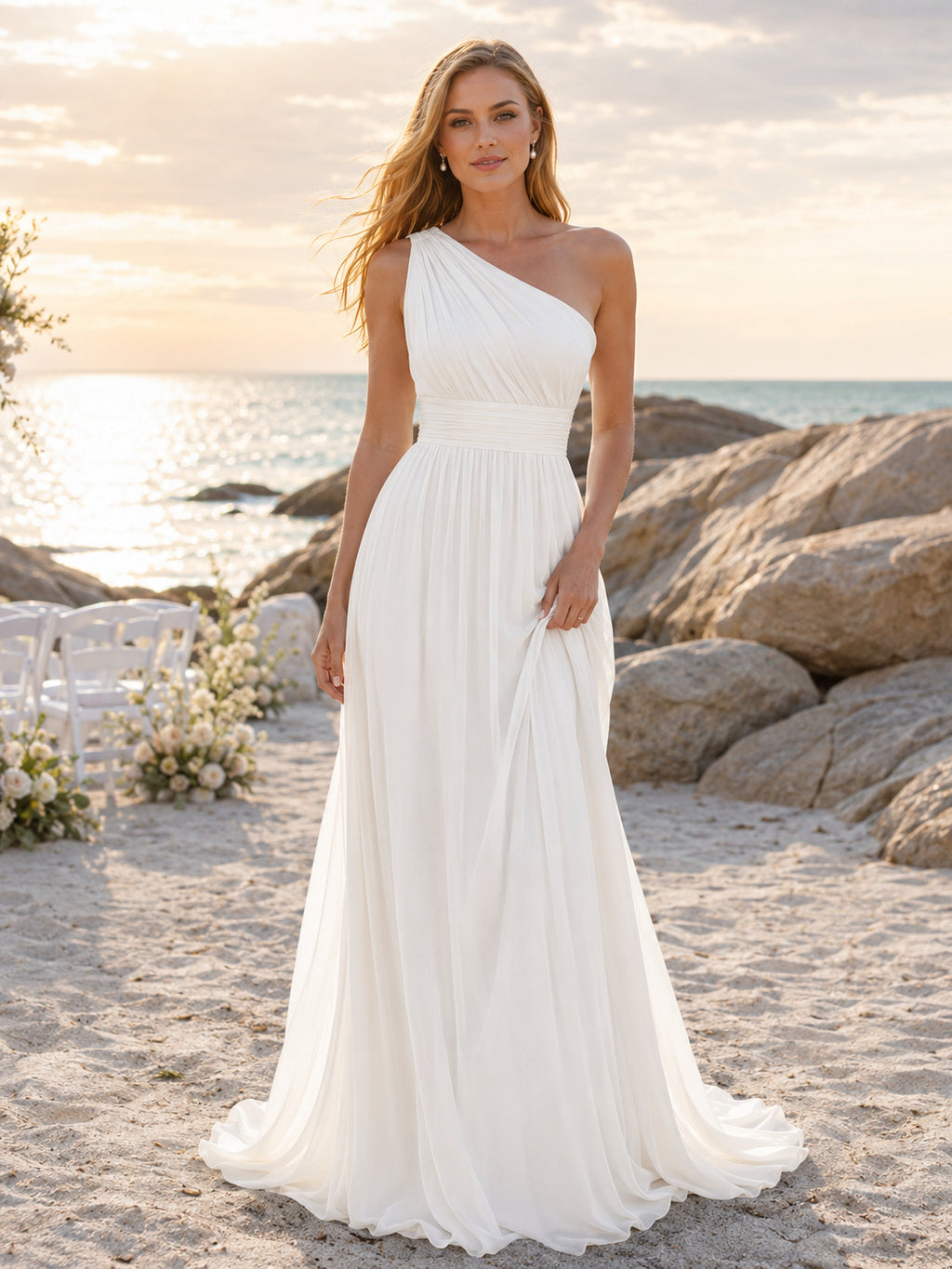 Quick Ship One-Shoulder Chiffon Ocean Ceremony Bridal Gown front view