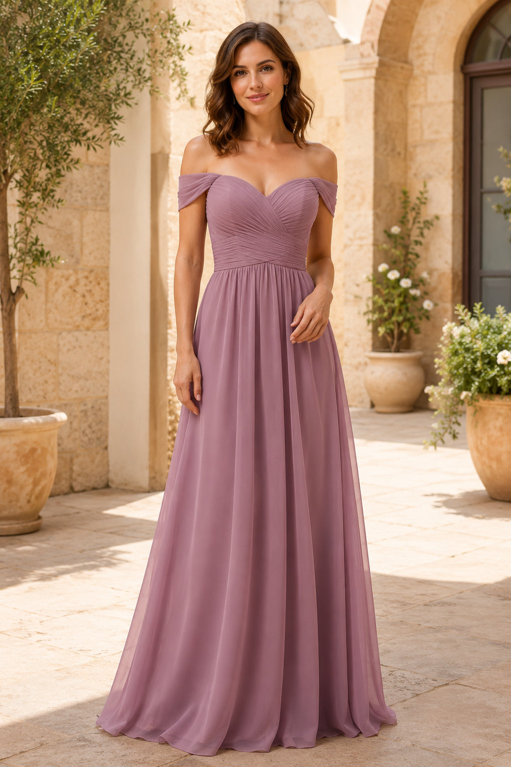Mauve Off-the-Shoulder Chiffon A-Line Bridesmaid Dress with Sweetheart Neckline front view