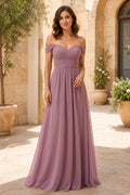 Mauve Off-the-Shoulder Chiffon A-Line Bridesmaid Dress with Sweetheart Neckline front view