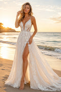 Ivory Spaghetti V-Neck Lace Tulle A-Line Wedding Dress Split Train for Wedding Ceremony and Reception Style MG_701426 front v