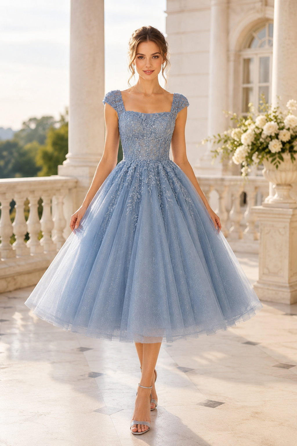 Sky Blue Square Neck Cap Sleeve Lace Bodice with Tulle Skirt Tea Length A-Line Homecoming Dress front view