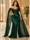 Emerald Plus Size Off Shoulder Cape Mermaid Evening Dress front view