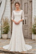 Ivory Modest Bateau Neck Sheath Allover Lace Wedding Dress with Three Quarter Lace Sleeves and Court Train front view