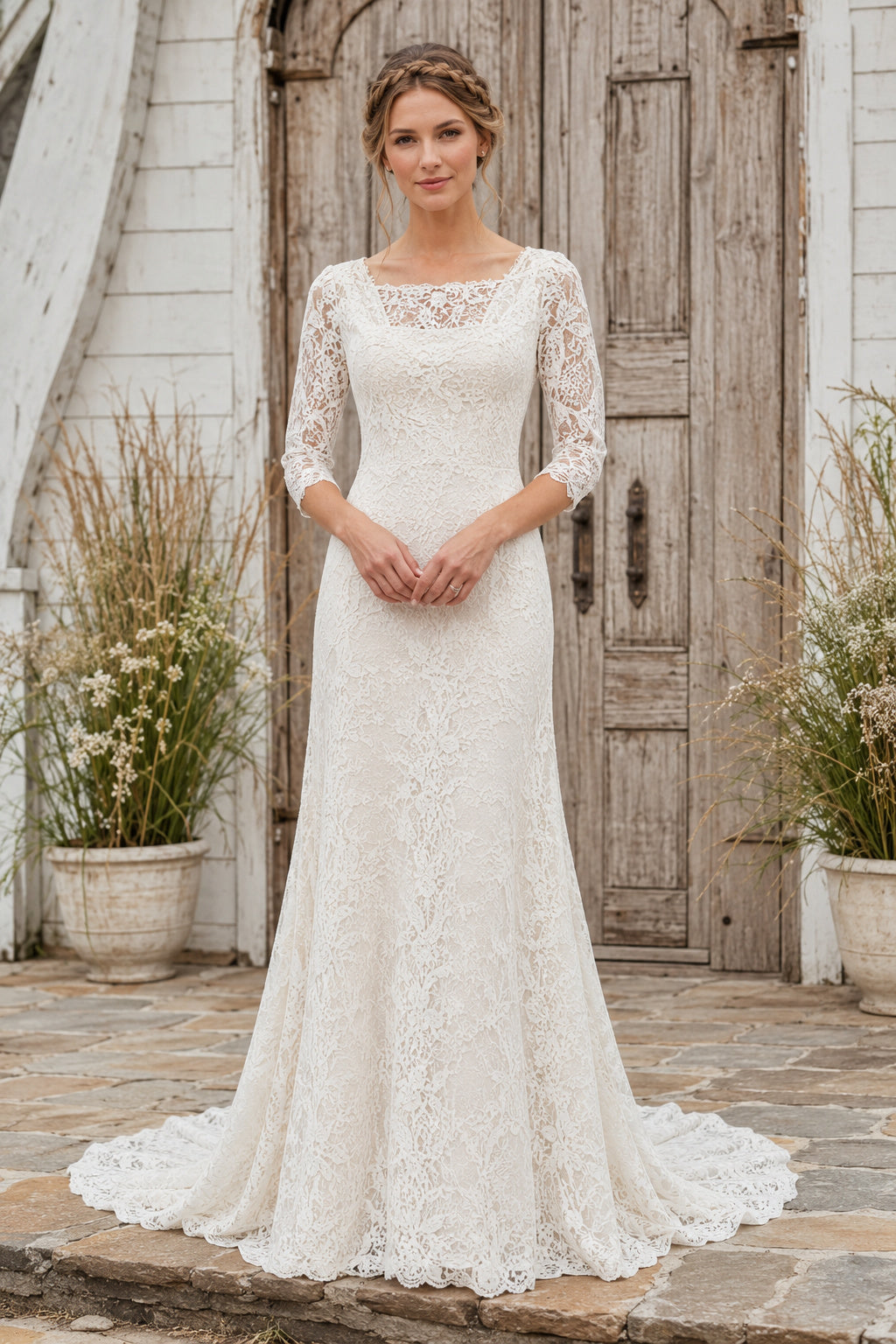 Ivory Modest Bateau Neck Sheath Allover Lace Wedding Dress with Three Quarter Lace Sleeves and Court Train front view