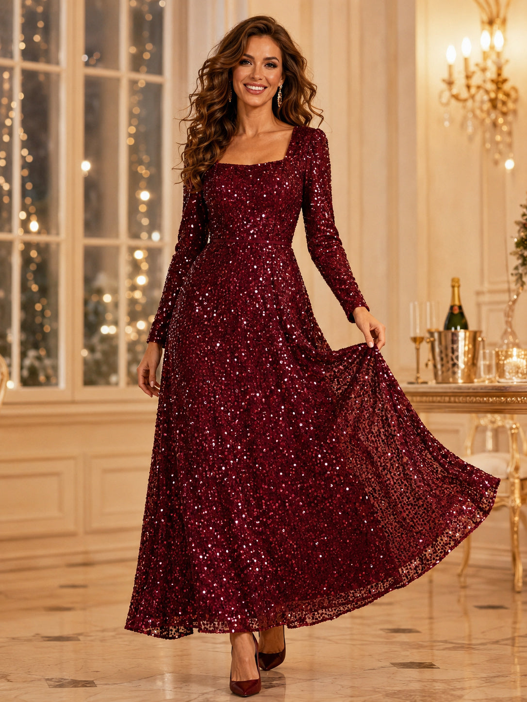 Festive Burgundy Sequin Formal A Line Ankle Length Square Neck Long Sleeve Dress front view
