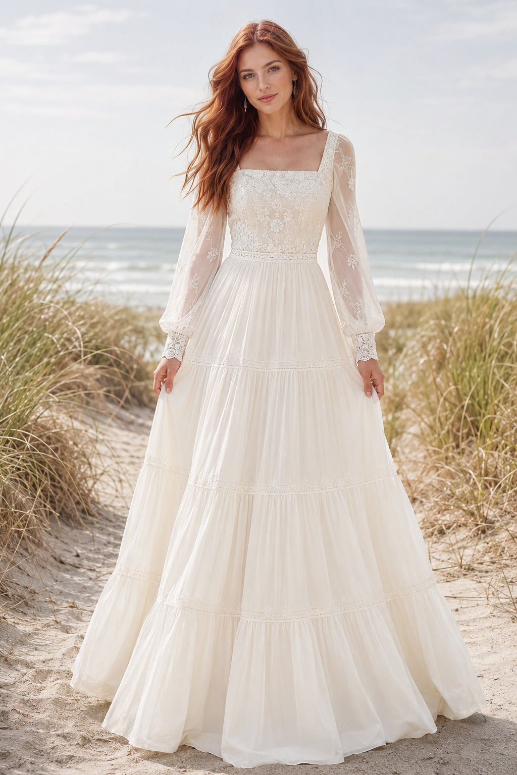 Square Neck Long Sleeve A-Line Wedding Dress with Lace Bodice and Full Tulle Skirt front view