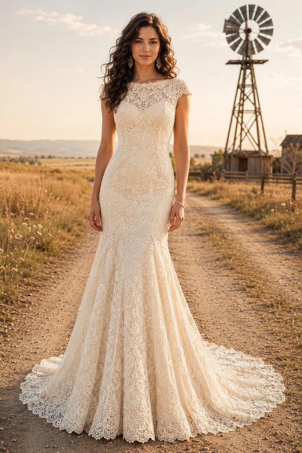 Illusion Cap Sleeve Mermaid Wedding Dress with Lace Bodice and Sweep Train for Rustic Garden Ceremony front view