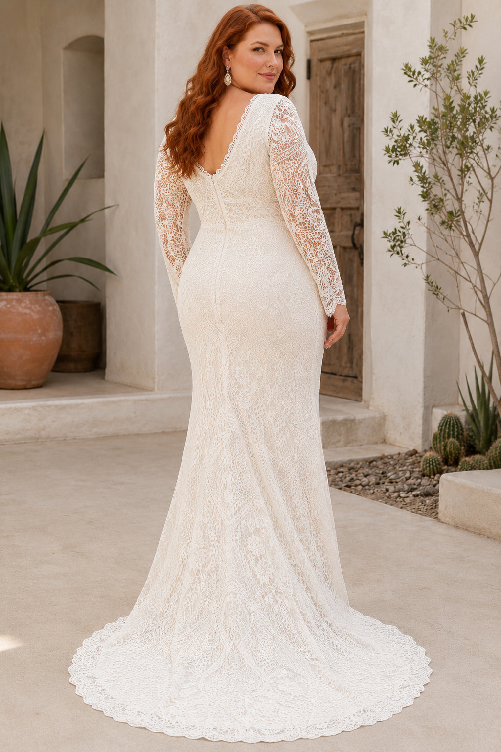 Plus Size Ivory V-Neck Long Illusion Sleeve Lace Tulle Mermaid Wedding Dress with Long Lace Sleeves and Mermaid Chapel Train