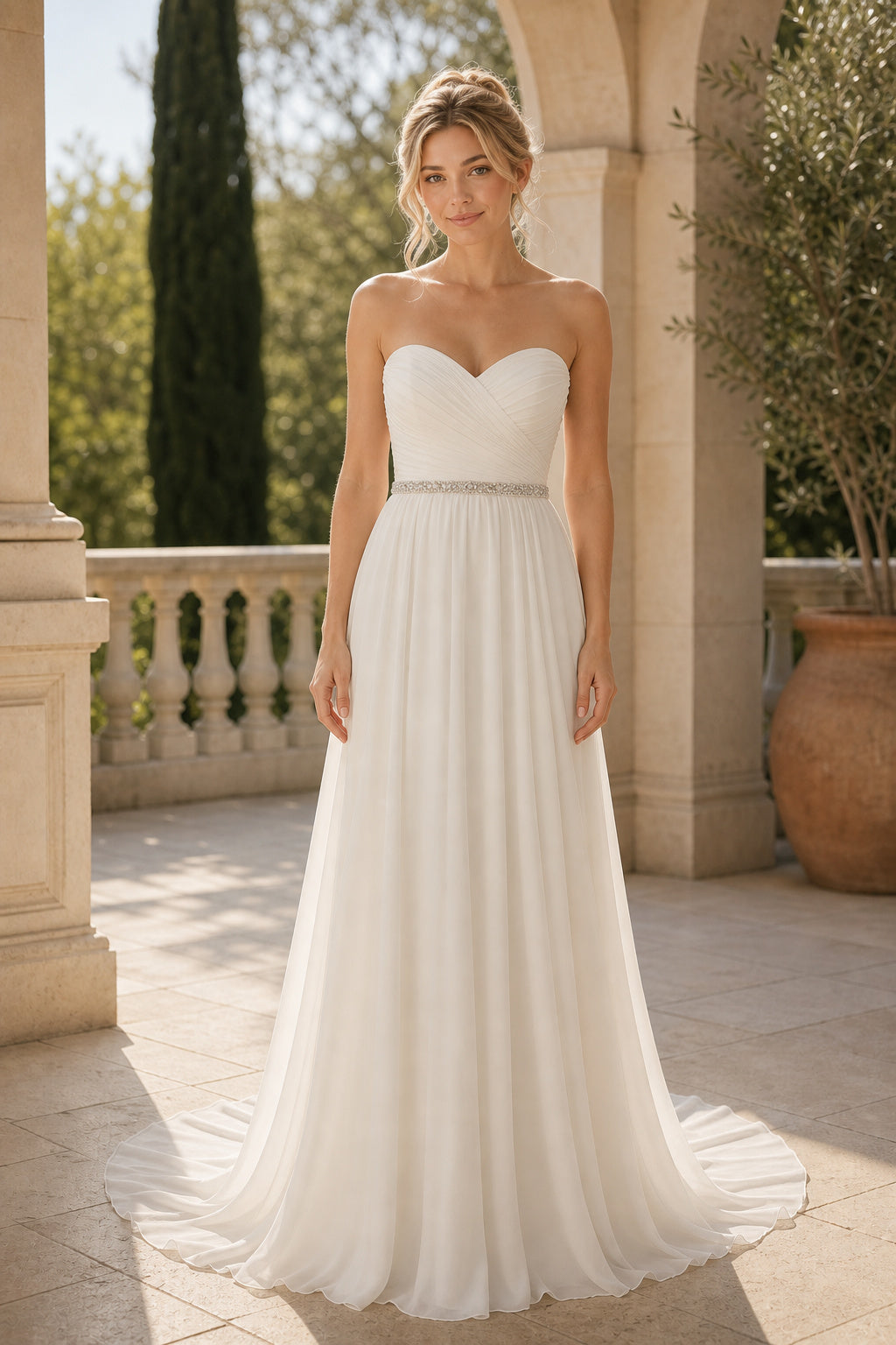 Ivory Strapless Sweetheart A-Line Chiffon Wedding Dress With Beaded Belt