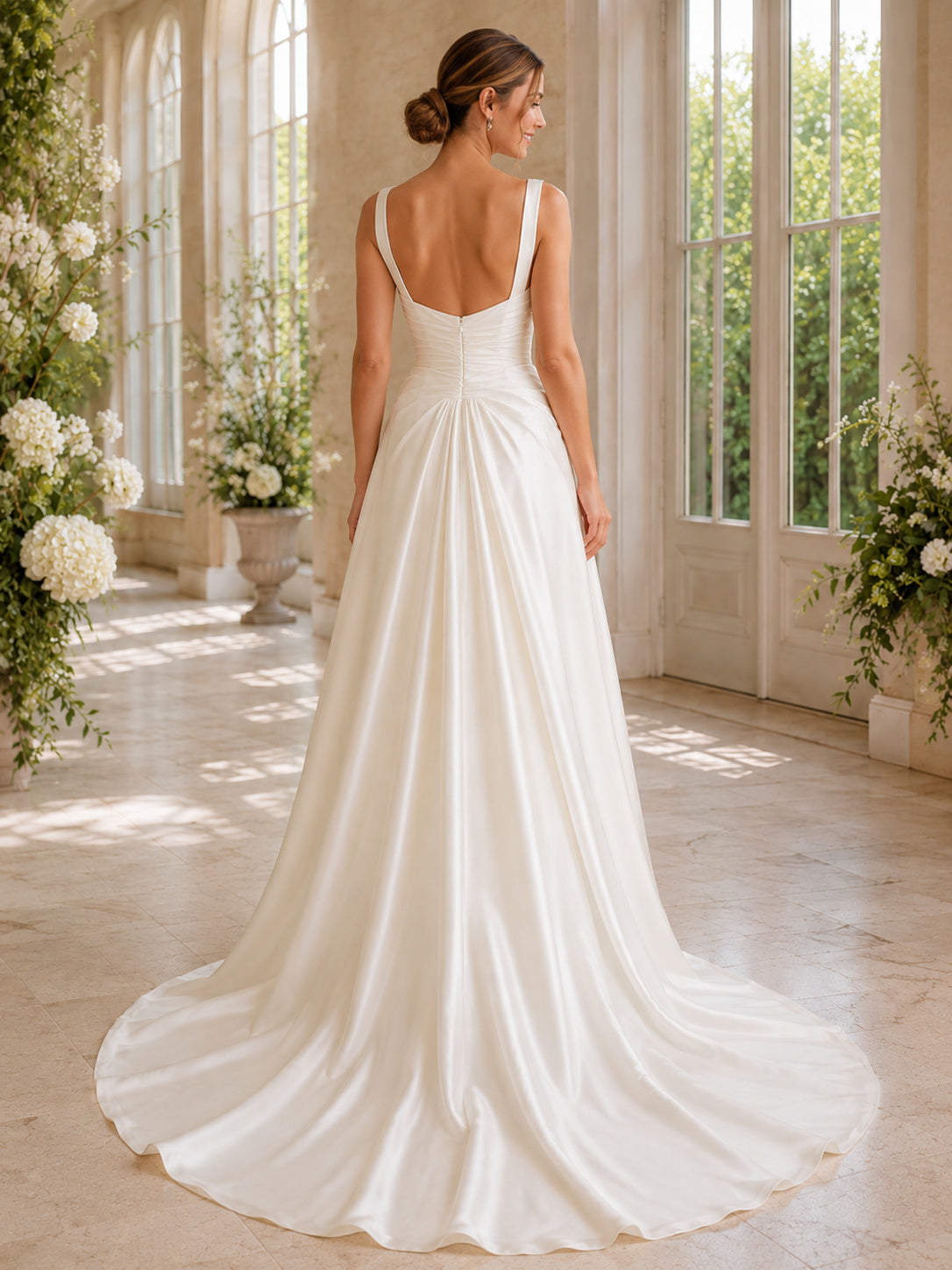 Modern Square Neck Wide Strap Ruched Satin A-Line Sweep Train Wedding Gown back view