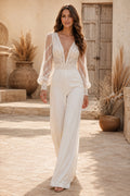 Ivory Long Sleeve Lace Bridal Jumpsuit with Plunging V-Neck and Wide Pants front view
