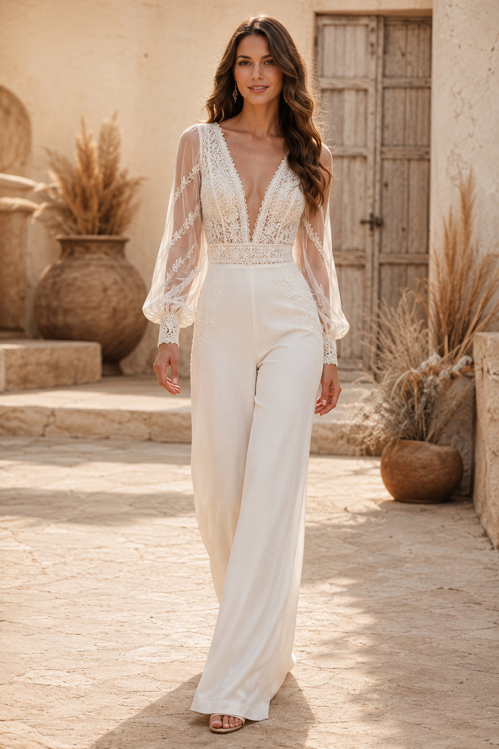 Ivory Long Sleeve Lace Bridal Jumpsuit with Plunging V-Neck and Wide Pants front view