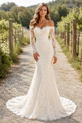 Ivory Off-the-Shoulder Long Sleeve Lace Mermaid Wedding Dress with Sweep Train front view