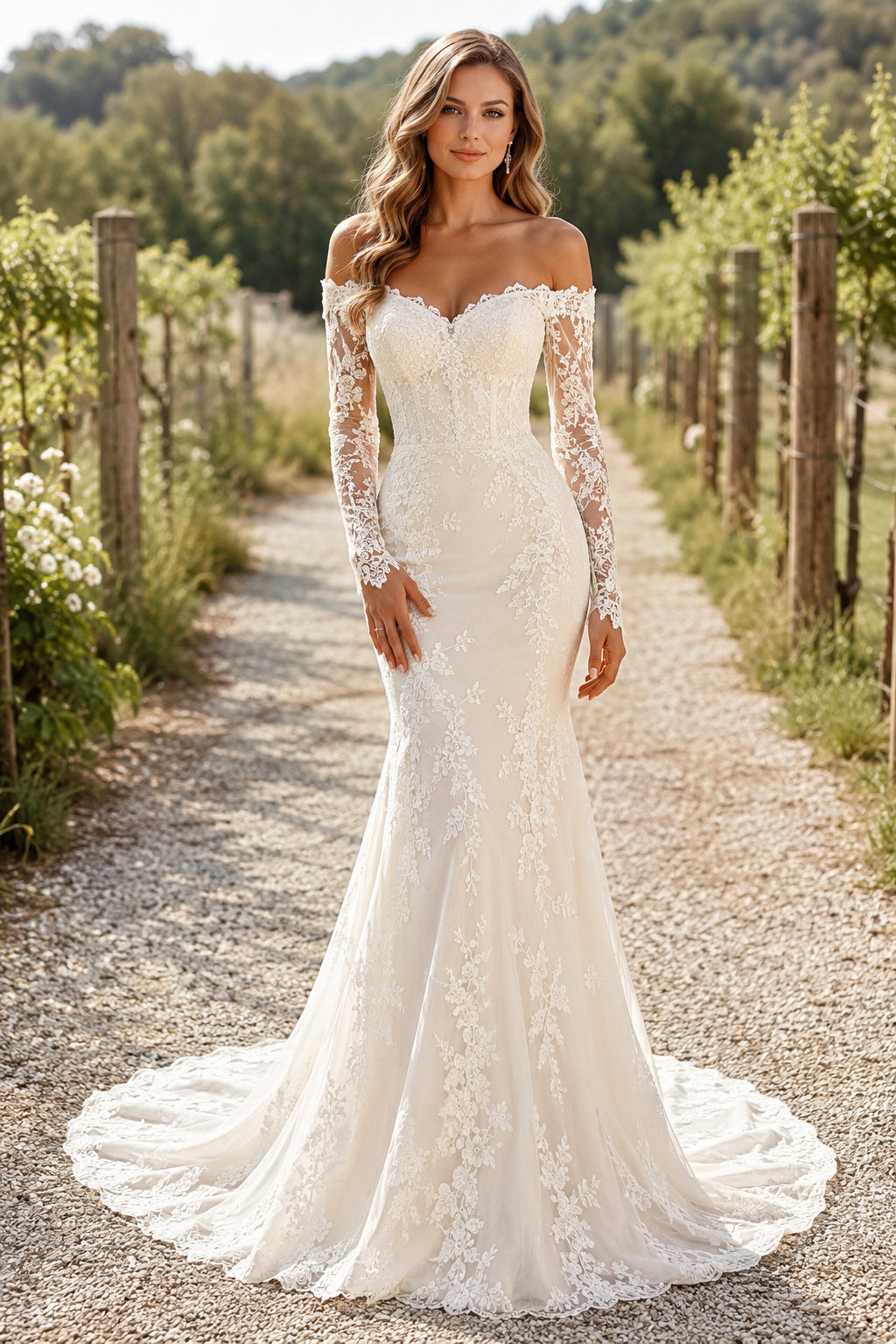 Ivory Off-the-Shoulder Long Sleeve Lace Mermaid Wedding Dress with Sweep Train front view