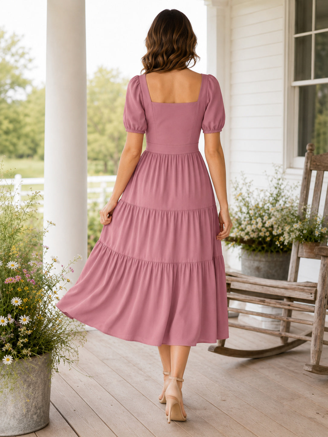 Farmhouse Dusk Square Neck Chiffon A-Line Tiered Tea-Length Puff Sleeve Dress back view