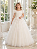 Flower Girl Dress Ivory Tulle Satin A-Line Short Sleeve Scoop Neck Floor Length Bow Back front view