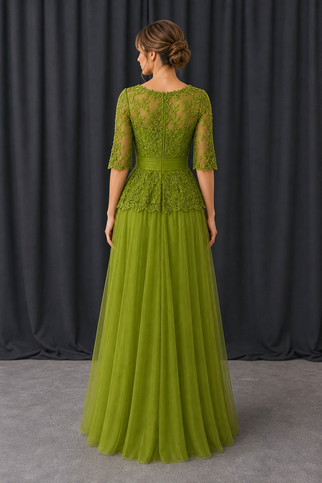 Olive Bateau Three-Quarter Sleeve A-Line Chiffon Floor-Length Dress With Lace Bodice