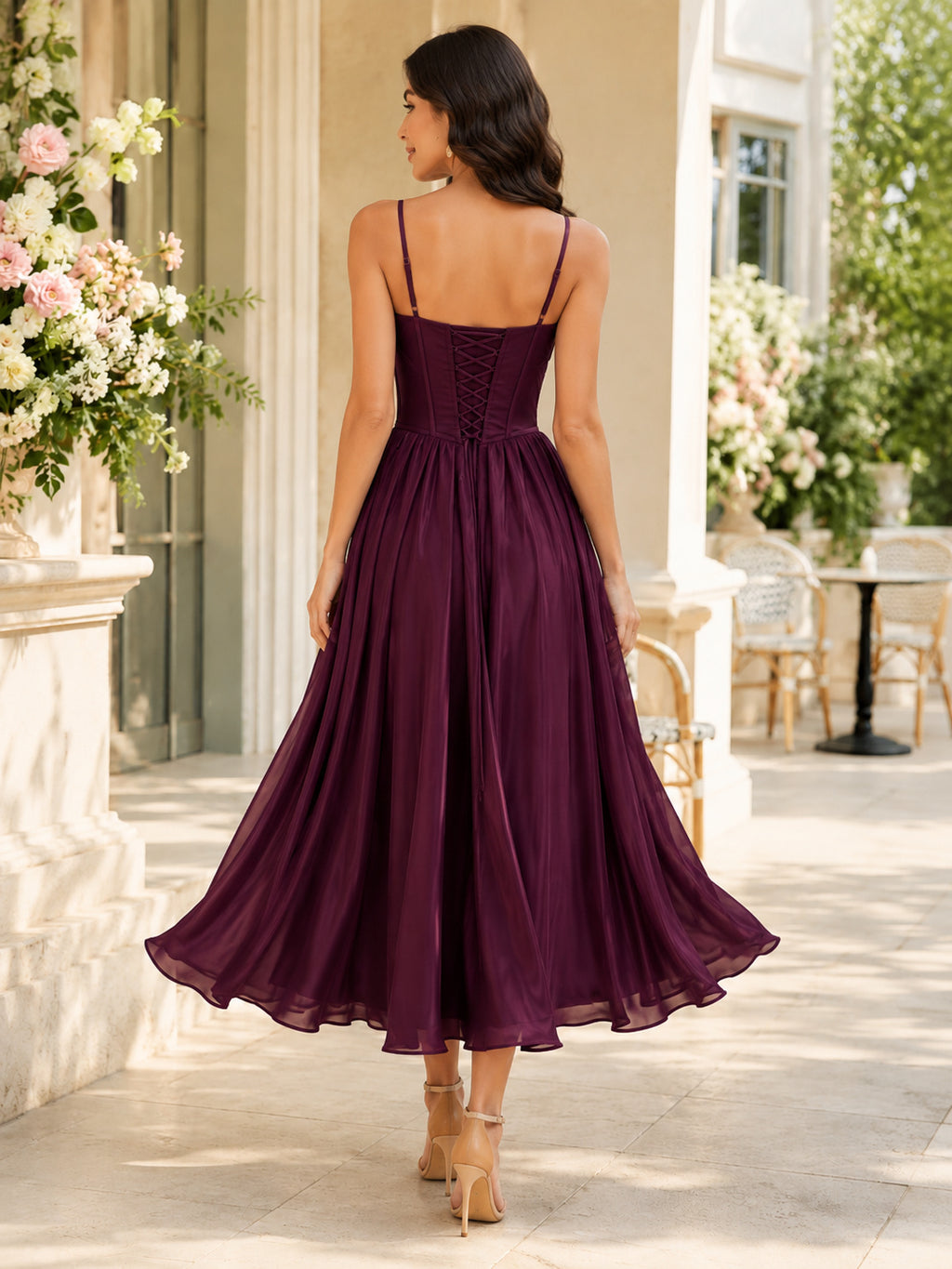 Plum Cowl Neck Spaghetti Strap Chiffon Tea Guest Dress back view