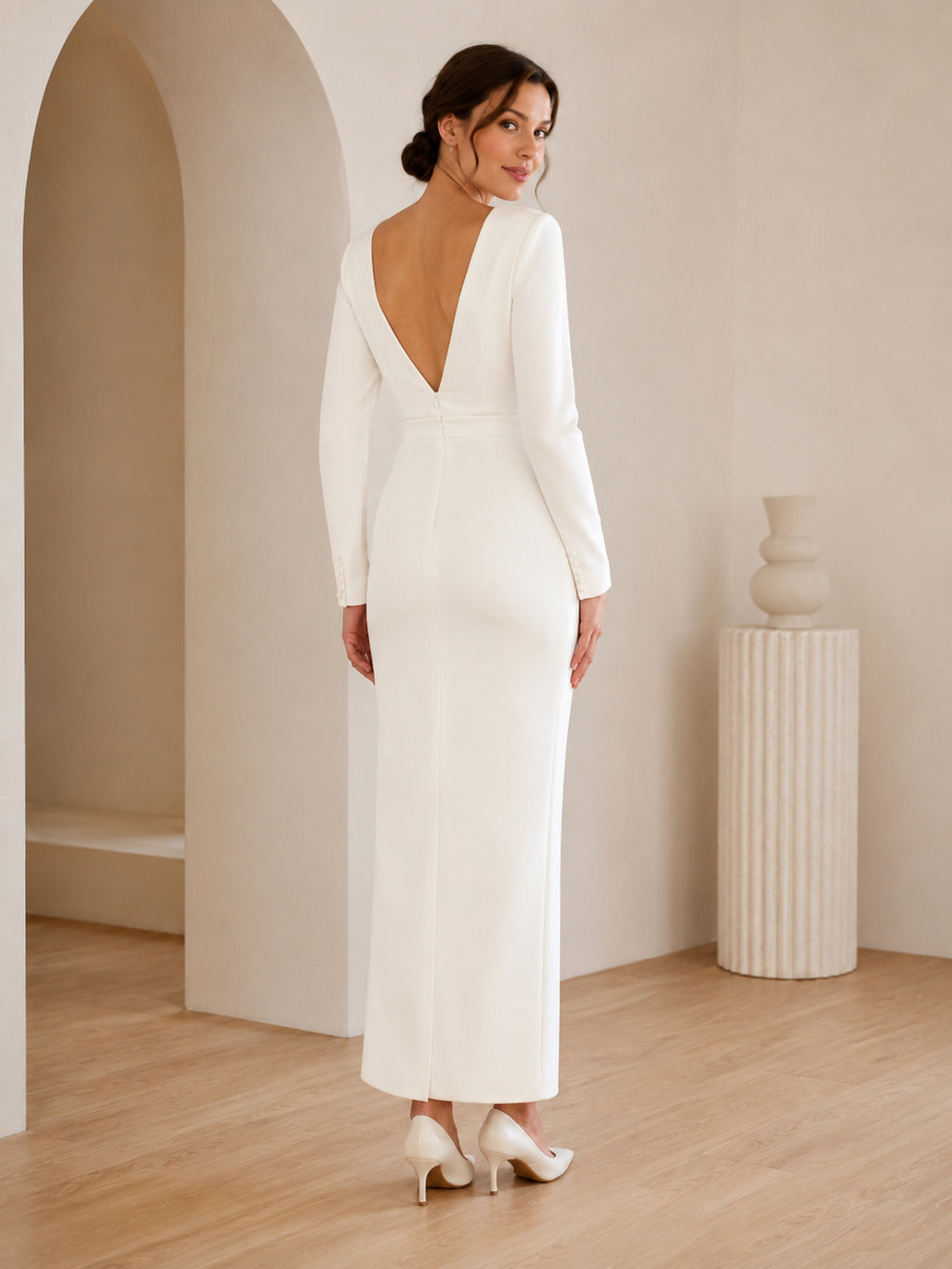 Minimalist V Neck Long Sleeve Satin Sheath Ankle Civil Wedding Dress back view