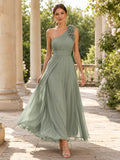 Sage Rosette Shoulder Chiffon Formal Dress front view