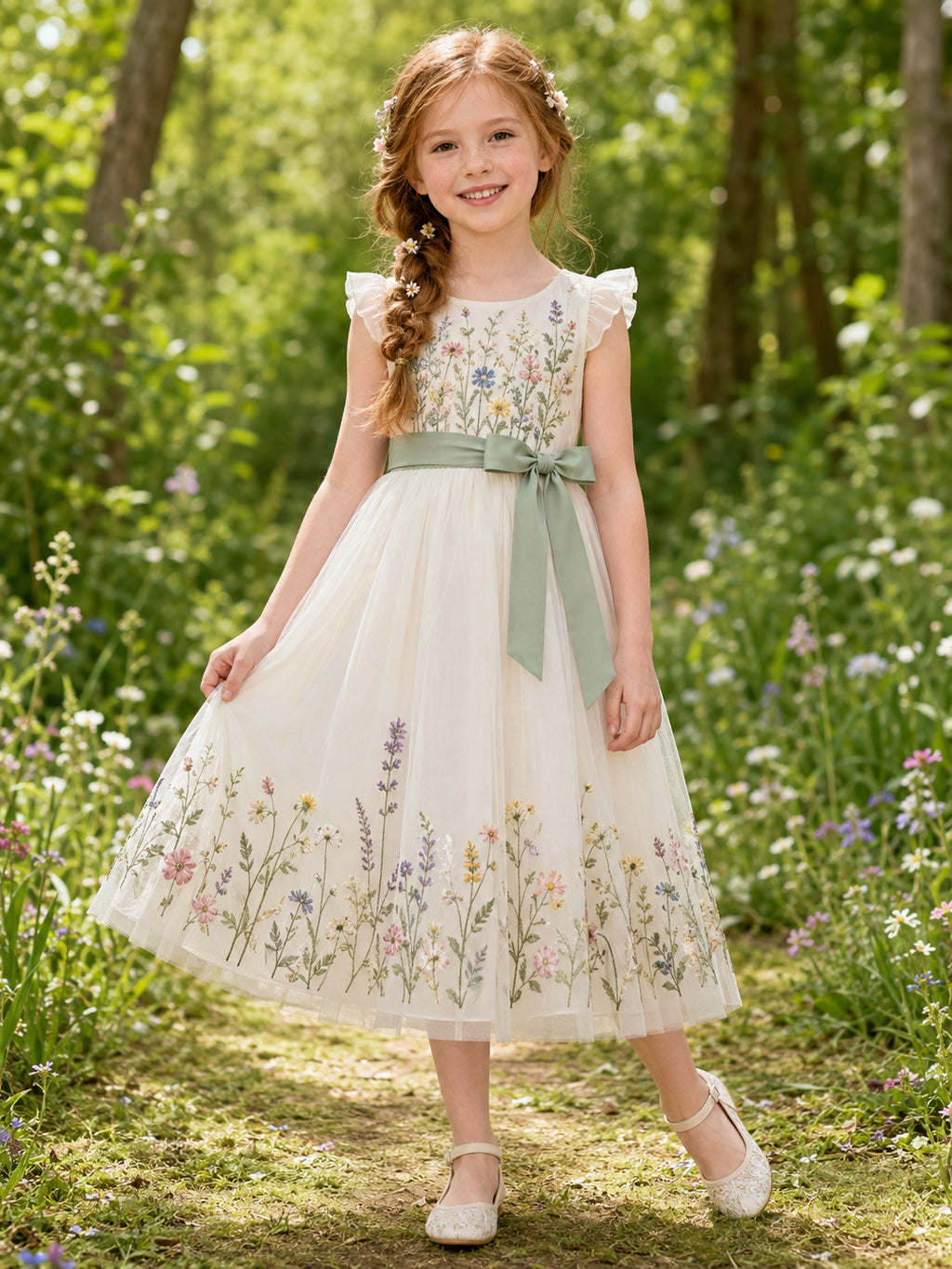 Country Romantic Floral Embroidery Tulle Flower Girl Tea-Length Petal Sleeve Garden Sash Dress front view