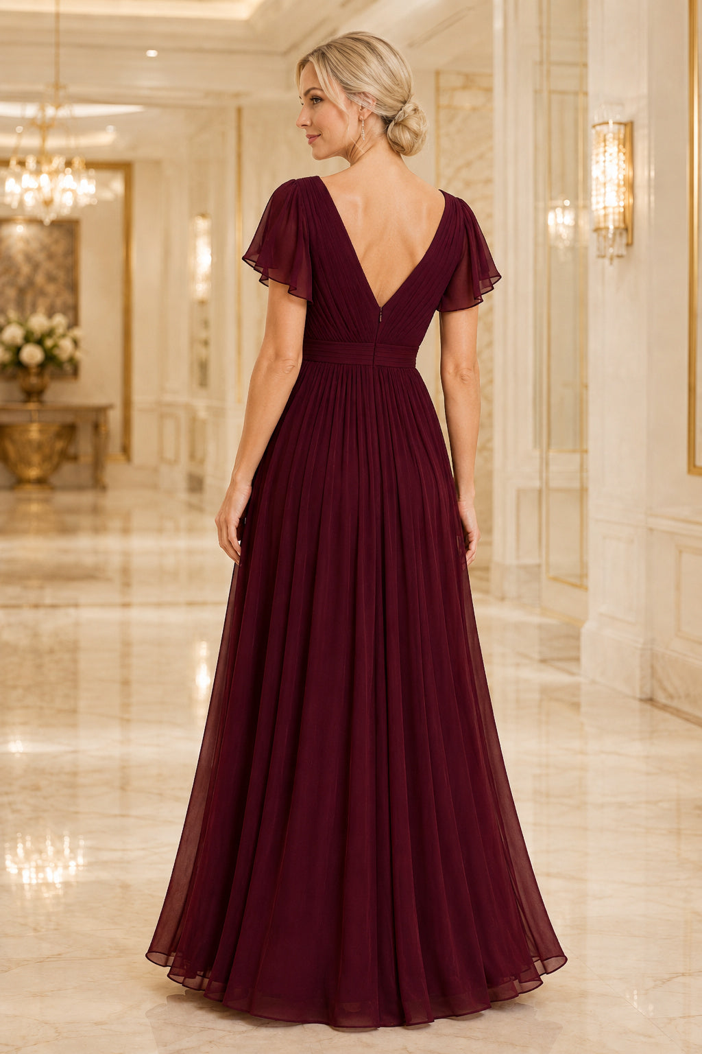Burgundy V-Neck Chiffon A-Line Bridesmaid Dress with Flutter Sleeves and Floor Skirt back view