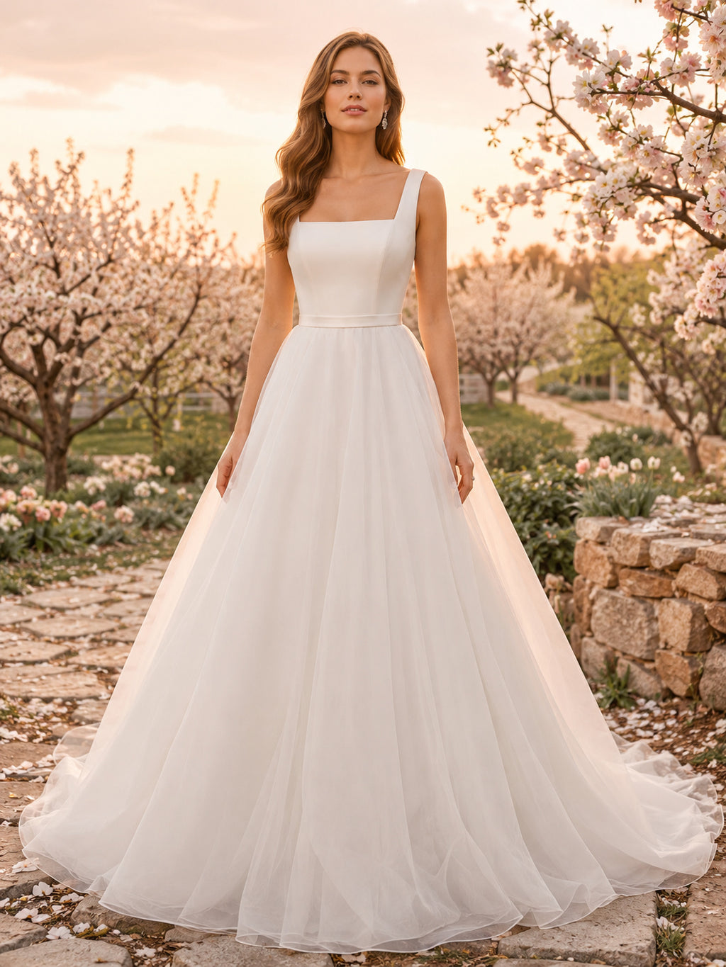 Square Neck Minimal Organza Orchard A-Line Bridal Gown front view