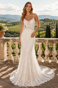 Ivory Spaghetti Strap Crochet Lace Mermaid Wedding Dress with Low Back and Train front view