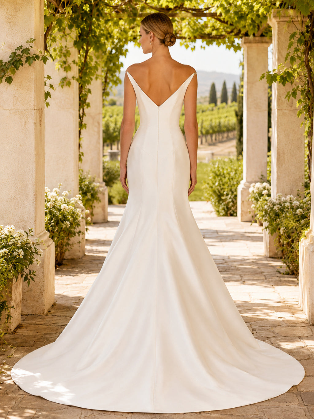 Satin Wedding Dress Mermaid Bateau Neck Sleeveless Floor Length Low V Back Bridal Gown Style 722549 back view