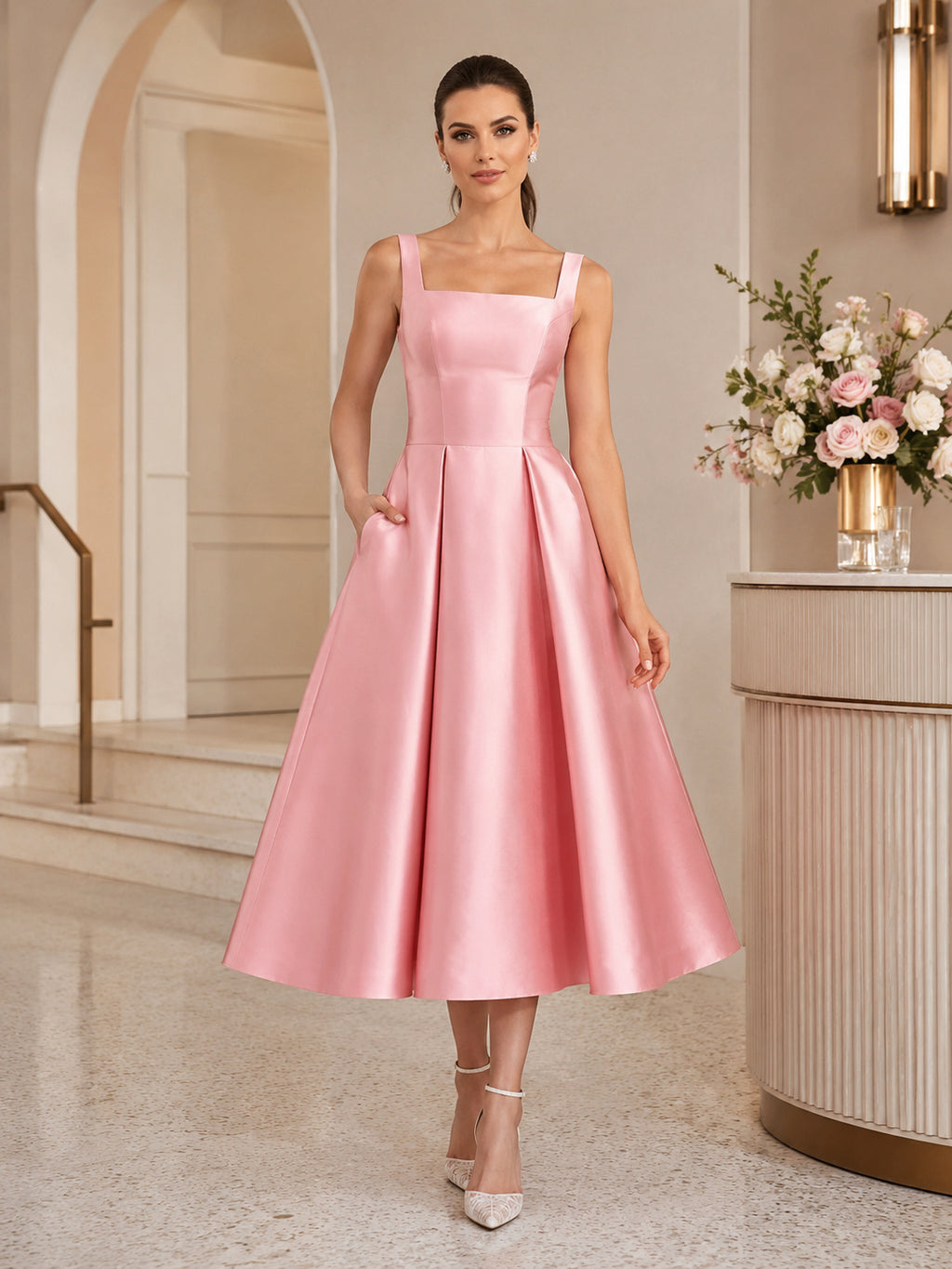 Candy Pink Square Neck Straps Satin Tea Length Wedding Reception Dress front view