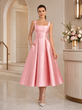Candy Pink Square Neck Straps Satin Tea Length Wedding Reception Dress front view