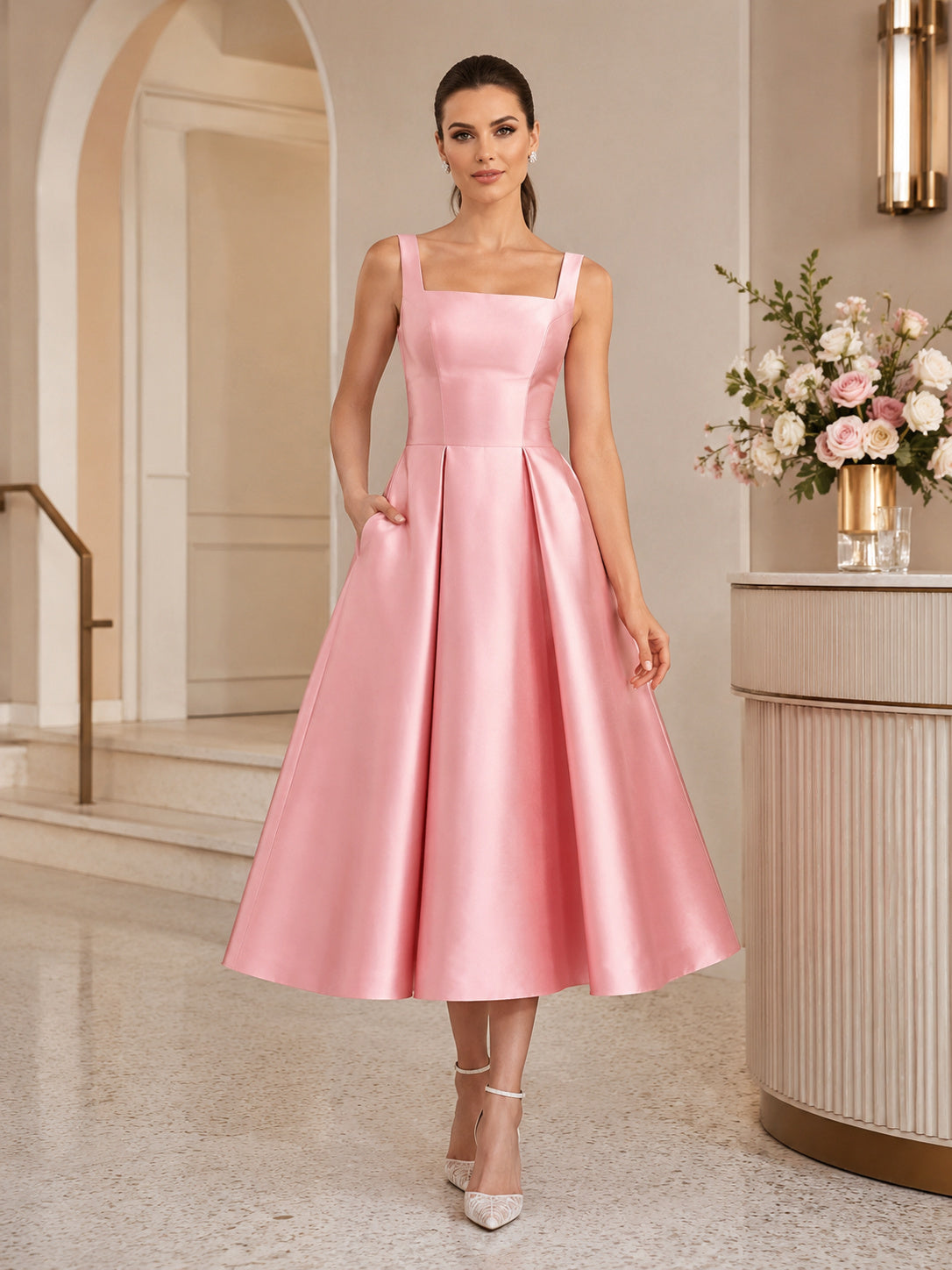 Candy Pink Square Neck Straps Satin Tea Length Wedding Reception Dress front view
