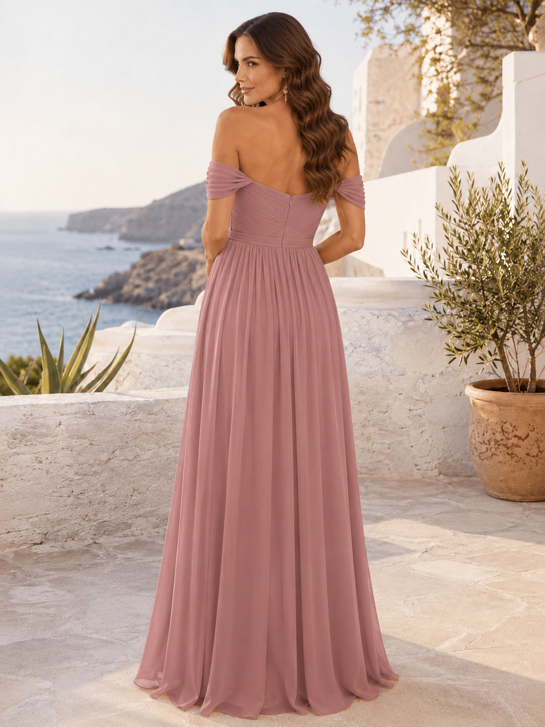 Dusty Rose Seaside A-Line Chiffon Bridesmaid Dress with Off-Shoulder Sweetheart Short Sleeve Bodice, Pleated Floor-Length Ski